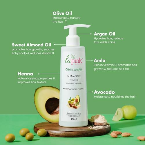 La Pink Olive &amp; Argan Shampoo with Avocado | For Smooth, Shine Frizz-Free Hair | 100% Microplastic Free Formula | All Hair Types | 250ml (FROM INDIA SAB) - View 2 of 3