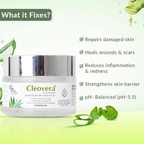 Fixderma Cleovera Cica Cream for Face with Gotu Kola, Aloevera, Vitamin A &amp; E | Damage Skin Repair Face Cream | Suitable for Sensitive, Dry &amp; Damaged Skin - 50g - View 3 of 4