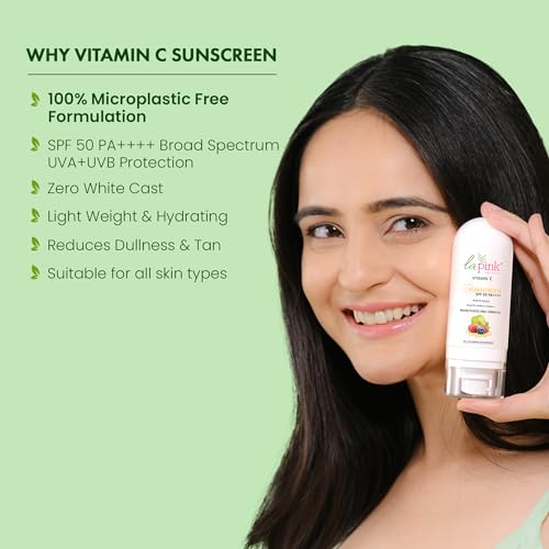 La Pink Vitamin C Sunscreen SPF 50 PA++++ UVA + UVB, Hydration &amp; Moisturization 100% Microplastic Free Formulation | Non Greasy | Zero White Cast | 50gm (FROM INDIA SAB) - View 3 of 3