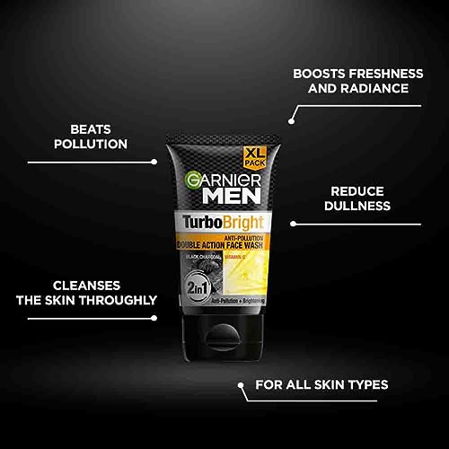 Garnier Men Turbo Bright Double Action Face Wash, Deep Cleansing Anti Pollution Face Wash with Charcoal and Vitamin C, Suitable for all Skin Types, 150g x2 (Pack of 2) FROM INDIA (SAM) - View 3 of 4