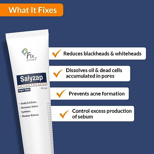 Fixderma Salyzap Lotion Night time, with Salicylic Acid Helps in Moisture Balance, For acne scars, pimples, Unclogs pores, Exfoliator, Soothes redness, Suitable for Oily and Acne-Prone skin, 20ml - View 2 of 3