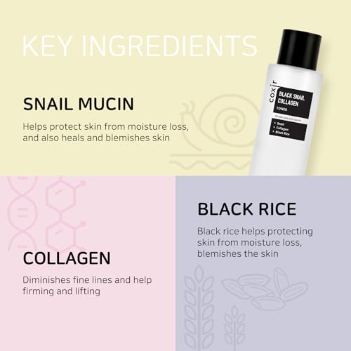 COXIR Black Snail Collagen Toner 150ml(5.07 fl.oz) Black-3-Complex: Black Rice, Bean, Sesame, Snail Mucin, Collagen, Hyaluronic Acid l Plumping&amp;Moisturizing l Korean Skin Care, Korean Toner l Cruelty-Free - View 4 of 6