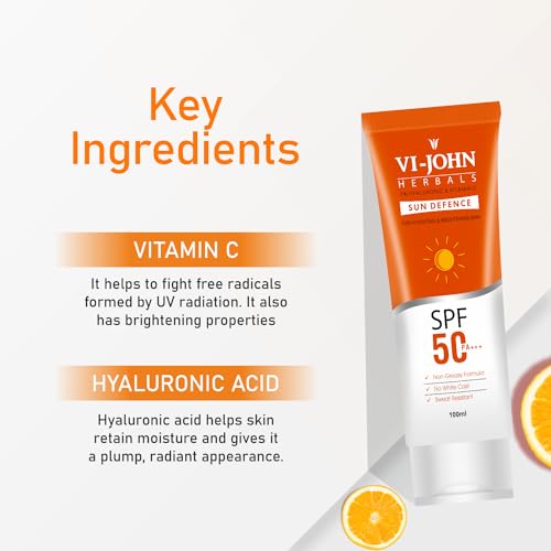 VI-JOHN Sunscreen - SPF 50 PA+++ Brightening Skin Glow Sunscreen, No White Cast with Vitamin C &amp; 1% Hyaluronic (100 g) (FROM INDIA SAB) - View 2 of 3