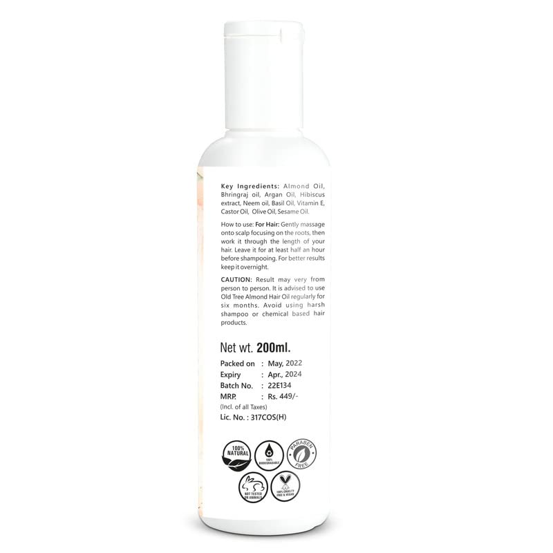 Old Tree Almond Hair Oil - 100% Pure, Natural &amp; Cold Pressed, Rich in Vitamin E, Moisturizes &amp; Conditions Hair, Promotes Hair Growth, Controls Hair Fall - 200ml FROM INDIA (SAM) - View 2 of 3