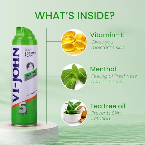 VI- JOHN Shaving Foam For Men, Menthol Shaving Foam With Goodness of Nature, Tea Tree Oil, Vitamin E Enriched and Anti- Bacterial Formula (200gm Each- Pack of 2) (FROM INDIA SAB) - View 3 of 3
