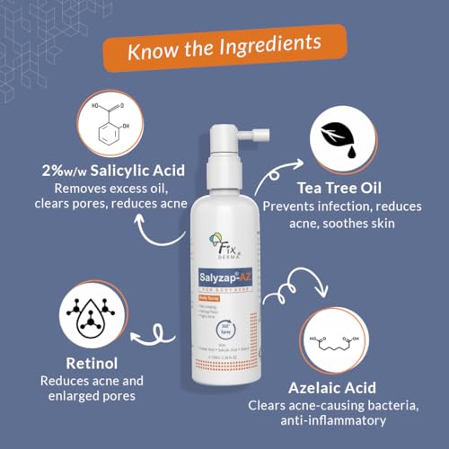 Fixderma 2% Salicylic Acid + 2% Azelaic Acid Salyzap-AZ Body Acne Treatment spray For Acne on body parts like Back, Upper arms | Acne breakouts | Acne Scars | Non-greasy Spray | Paraben free | Unclog Pores - 100ml - View 3 of 3