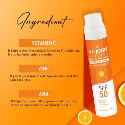 VI-JOHN Vitamin C, AHA &amp; Zinc Lightweight Matte Gel Sunscreen SPF 50+ PA+++ | For UVA UVB, Broad Spectrum &amp; Blue Light Protection | Non-Greasy, Quick-Absorbing | No White Cast | For Women &amp; Men | 50G (FROM INDIA SAB) - View 2 of 3