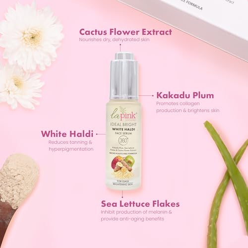 La Pink Ideal Bright Face Serum | 100% Microplastic Free Formula | Glass like skin, Lightening, Evens Skin Tone | White Haldi &amp; Kakadu Plum | For Bright Radiant Skin | All Skin Types | 30ml (FROM INDIA SAB) - View 3 of 3