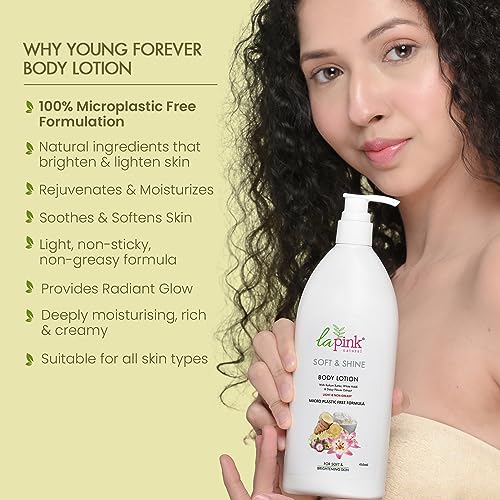 La Pink Young Forever Soft &amp; Shine Body Lotion | 100% Microplastic Free Formula | Reduces Fine Lines, Pigmentation, Dark Spots | White Haldi | Moisturizer for All Skin Types | 450ml (FROM INDIA SAB) - View 2 of 3