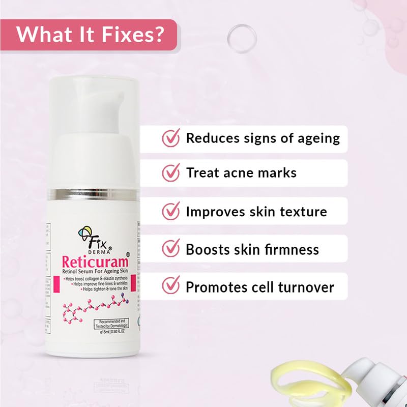 Fixderma .05% Pure Retinol Reticuram Face Serum for Anti Aging, Boost Collagen, Night Face Serum with Retinol &amp; Vitamin C to Reduce Fine Lines &amp; Wrinkles for Unisex - 15ml - View 2 of 4