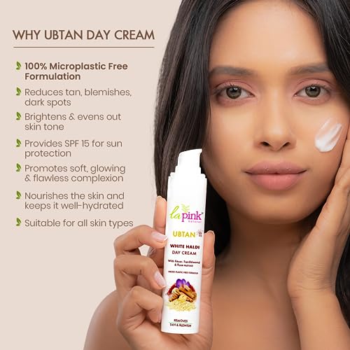 La Pink Ubtan White Haldi Day Cream | 100% Microplastic Free Formula | Removes Tan | Kesar, Sandalwood and Rose | Glowing and Brightening Skin | All Skin Types | 50g (FROM INDIA SAB) - View 2 of 3