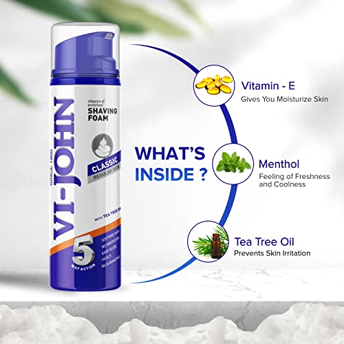 VI- JOHN Shaving Foam For Men, Classic Regular &amp; All Skin Type Shaving Foam With Goodness of Nature, Tea Tree Oil, Vitamin E Enriched and Anti- Bacterial Formula (450gm Pack of 3)(FROM INDIA SAB) - View 3 of 3