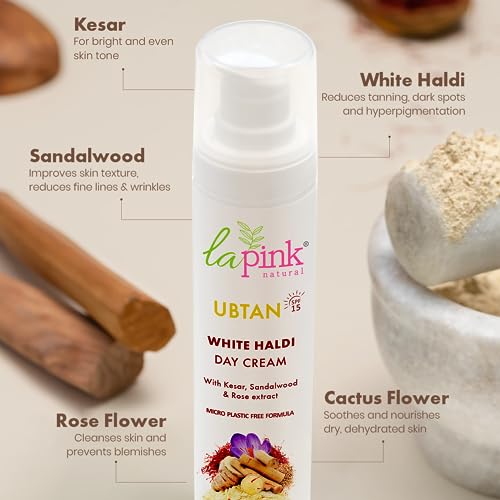 La Pink Ubtan White Haldi Day Cream | 100% Microplastic Free Formula | Removes Tan | Kesar, Sandalwood and Rose | Glowing and Brightening Skin | All Skin Types | 50g (FROM INDIA SAB) - View 3 of 3