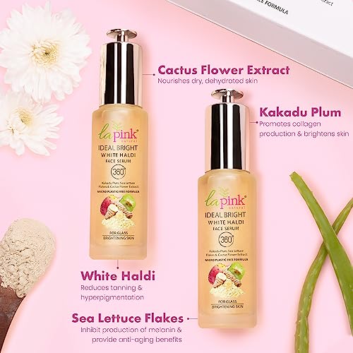 La Pink Ideal Bright Face Serum | 100% Microplastic Free Formula | Glass like skin, Lightening, Evens Skin Tone | White Haldi &amp; Kakadu Plum | For Bright Radiant Skin | All Skin Types | 40+10ml Extra (FROM INDIA SAB) - View 3 of 3