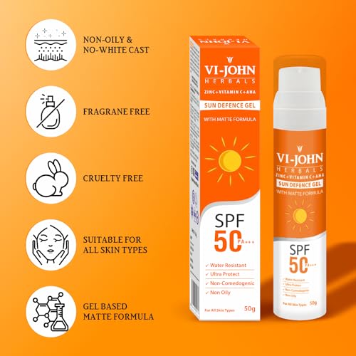 VI-JOHN Vitamin C, AHA &amp; Zinc Lightweight Matte Gel Sunscreen SPF 50+ PA+++ | For UVA UVB, Broad Spectrum &amp; Blue Light Protection | Non-Greasy, Quick-Absorbing | No White Cast | For Women &amp; Men | 50G (FROM INDIA SAB) - View 3 of 3