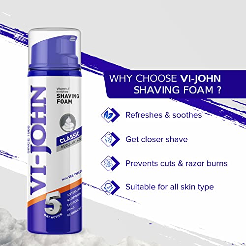 VI- JOHN Shaving Foam For Men, Classic Regular &amp; All Skin Type Shaving Foam With Goodness of Nature, Tea Tree Oil, Vitamin E Enriched and Anti- Bacterial Formula (450gm Pack of 3)(FROM INDIA SAB) - View 2 of 3