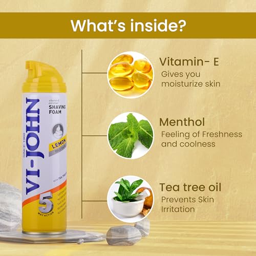 VI- JOHN Shaving Foam For Men, Lemon Shaving Foam With Goodness of Nature, Tea Tree Oil, Vitamin E Enriched and Anti- Bacterial Formula (200gm- Pack of 1) (FROM INDIA SAB) - View 2 of 3
