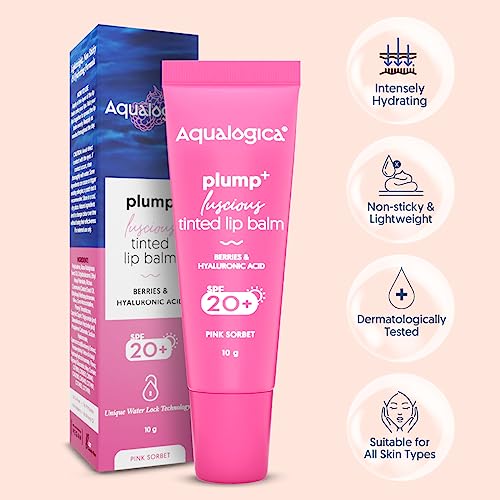 Aqualogica Pink Sorbet Plump+ Luscious Lightweight Tinted Lip Balm for Women &amp; Men - Lip Mask with Spf 20+ with Berries &amp; Hyaluronic Acid for Intense Hydration, Lip Lightening &amp; Pink Lips -10g (FROM INDIA SAB) - View 2 of 3