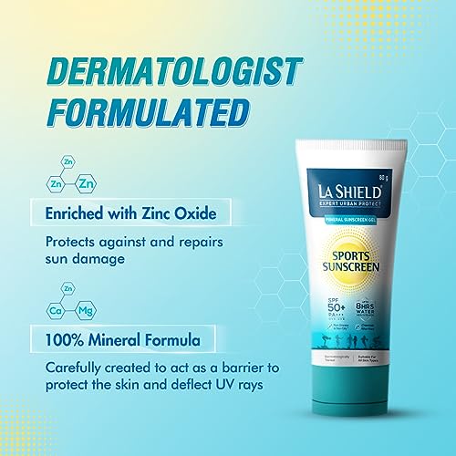 La Shield Mineral Sports Sunscreen Gel SPF 50 + | 100% Mineral sunscreen | 8 Hours water resistant | For Women and Men | No white cast | Broad Spectrum PA+++ | Lightweight and non greasy | Fragrance-free |Dermatologist Tested | 80g (FROM INDIA SAB) - View 3 of 3