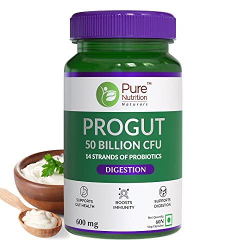 Pure Nutrition Progut Probiotic Supplement for Men &amp; Women | 50 Billion CFU with 14 Strains of Probiotics l| Supports Digestive, Gut Health &amp; Immunity| Gas &amp; Bloating Relief l 60 Veg Capsules - Related product