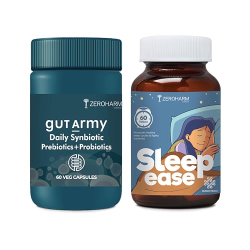 ZEROHARM Gut Army Probiotics Supplement for Men &amp; Women-100 Billion CFU &amp; 25 Strains |Capsule for Gut Cleanser, Digestion- 60 Cap + ZEROHARM Sleep Ease tablets| Calmness and nerve relaxation- 60 tab. - Related product