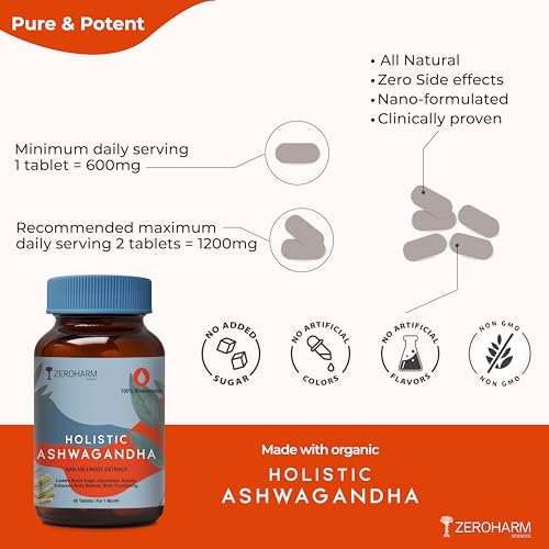 Zeroharm Holistic Ashwagandha | 60 Tablets | Stress Relief | Anti-Inflammation | 100% Water Soluble &amp; Bioavailable - View 4 of 6
