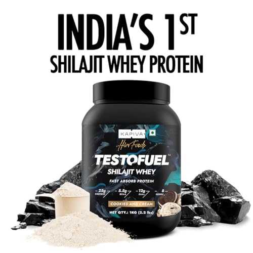 Kapiva TestoFuel Shilajit Whey Protein with Digezyme| 25g Protein | 5.5g BCAA | Faster Absorption | Boosts Stamina | Cookies &amp; Cream Flavor, 1Kg/ 2.2lb - View 5 of 8