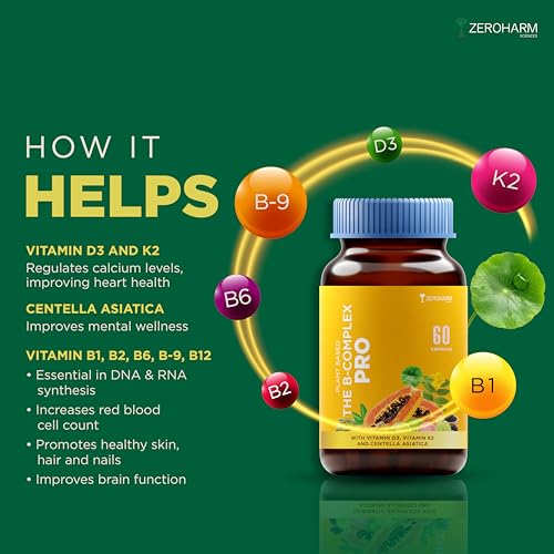 ZEROHARM Vitamin B Complex with Vitamin D3, Vitamin K2 & Centella Asiatica with B1, B2, B3, B5, B6, B9 & Vitamin B12 |Improves hair, skin & nails | Improves Heart Health & Regulates Calcium | 60 Caps - View 6 of 8