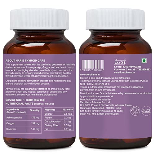 ZEROHARM Narie Thyroid Care Tablets|Hormonal Balance|Thyroid Support|Thyroid Balance|Regulated Tsh&amp;Thyroid Hormones – T3 &amp; T4|Improved Metabolism &amp; Energy|Weight Management|Pack of 60 Veg Tablets - View 2 of 7