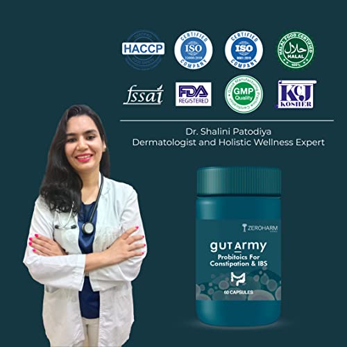 ZEROHARM Gut Army Probiotics for Constipation &amp; IBS 60 Veg Capsules, 100 billion CFU for Constipation Relief, Stomach &amp; Colon Cleanser, Diarrhea, Bloating &amp; Acidity, Improve Digestive Health - View 5 of 5