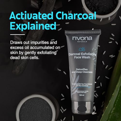 Rivona Naturals Charcoal Face Wash for men, anti pollution and deep pore cleasning with tea tree and rice granules 100ml(FROM INDIA)NUSS - View 3 of 3