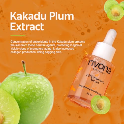 RIVONA NATURALS 20% Vitamin C Serum|Kakadu Plum + Ascorbic Acid|Advanced Brightening Face Serum,Glowing,Anti-Aging Serum|For Men&amp;Women|100% Vegan,Dermatologically Tested ,Cruelty Free 30 Ml - View 2 of 4