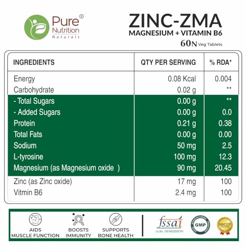 Pure Nutrition Zinc ZMA (Zinc Magnesium Aspartate & Vitamin B6) 800mg for Men & Women | Nightime Muscle Recovery Supplement | Boosts Muscle & Bone Strength | Improves Sleep Quality | 60 Veg Tablets - View 5 of 6