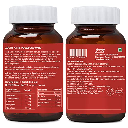 ZEROHARM Narie Pcos/Pcod Care Tablets|Hormonal Balance,Regular Periods,Weight Management,Reduced Hormonal Acne &amp; Facial Hair|High Energy &amp; Better Mood|Pack of 60 Veg Tablets - View 3 of 5