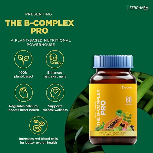 ZEROHARM Vitamin B Complex with Vitamin D3, Vitamin K2 & Centella Asiatica with B1, B2, B3, B5, B6, B9 & Vitamin B12 |Improves hair, skin & nails | Improves Heart Health & Regulates Calcium | 60 Caps - View 7 of 8