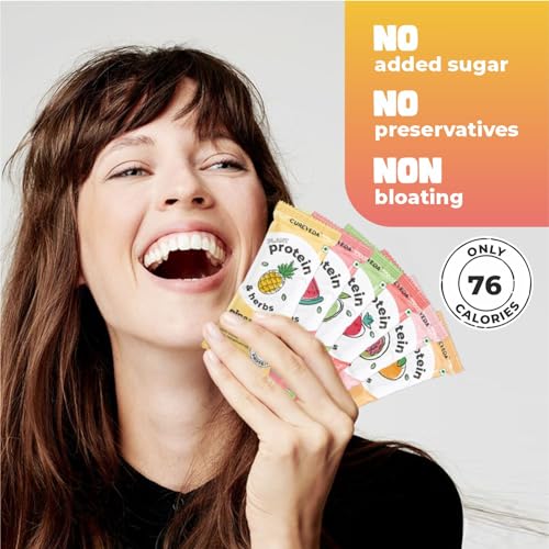 Cureveda Pea Protein Isolate Powder with Herbs, Dairy Free, No Added Sugar, Orange, Pineapple, Watermelon, Guava, Green Apple, Strawberry, 6 Flavours x 3 Sachets, 23gm each, Pack Of 18 - View 6 of 7