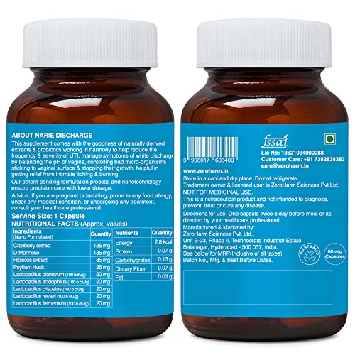 ZEROHARM Narie Discharge Capsules|For Healthy White Discharge|Prevents Uti&amp;Yeast Infection|Reduces Itching,Burning,Odour|Balances Ph|Cranberry,Hibiscus Extract,D-Mannose|Probiotics,Pack of 1About this item ✔NARIE DISCHARGE, FOR BALANCED VAGINAL HEALTH: Narie Discharge by ZeroHarm is a plant-based, science-backed supplement. Powered with Cranberry, Hibiscus Extract, D-Mannose, prebiotic Psyllium husk, and probiotics like Lactobacillus plantarum, Lactobacillus acidophilus, Lactobacillus rhamnosus, Lactobacillus crispatus, Lactobacillus reuteri, and Lactobacillus fermentum to promote optimum vaginal health &amp; fight abnormal discharge. ✔PREVENTS ABNORMAL DISCHARGE: Yeast infections and UTIs tend to cause discoloured, thick, itchy, excessive discharge with odour and burning sensation. Narie Discharge prevents vaginal discharge on non-period days and unhealthy discharge by treating the root cause. ✔BALANCES pH: The added probiotic strains in Narie Discharge introduce good bacteria to help balance the pH and maintain an acidic environment. ✔FIGHTS UTIs AND OTHER INFECTIONS: Narie Discharge is loaded with anti-fungal and antibacterial properties of natural extracts and probiotics. Helps prevent the recurrence of infection and provides long-lasting relief. ✔FIGHTS ITCHING &amp; ODOUR: Probiotics help restore vaginal balance to help fight itching, odour, and discomfort caused by infections and irritants. ✔STAYING TRUE TO OUR ROOTS: At ZeroHarm Sciences, we take responsibility for all the plant-based solutions we offer. With our vertical integration, from seed to consumption, everything is traceable. Our ethics are rooted deep in our system. The best of nature, that's all we've to offer. ✔FSSAI CERTIFIED: Narie Discharge by ZeroHarm is trusted &amp; certified by FSSAI. ✔PLANT-BASED GOODNESS BY ZEROHARM: ZeroHarm Sciences offer plant-based solutions that are curated in international labs, validated by experts, and tested to have zero side effects. We at ZeroHarm, employ unique extraction to retain the purity and deliver the highest efficacy. - View 3 of 6