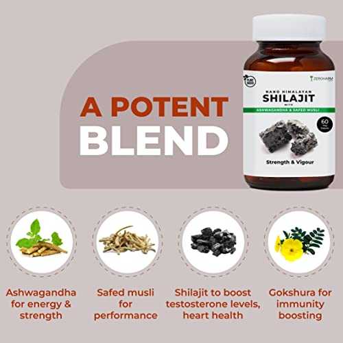 ZEROHARM Nano Himalayan Shilajit With Ashwagandha, Safed Musli &amp; Goksura 60 Veg Capsules, Testo Enhancer For Men &amp; Women Strength, Energy Booster, Stamina, Vigour, Endurance &amp; Performance supplements - View 4 of 7