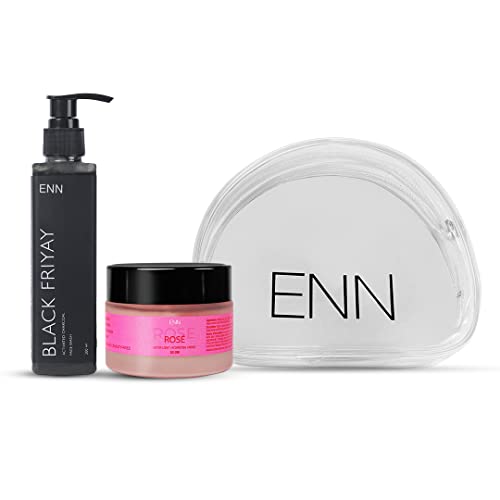 ENN Oily Skincare Combo Kit | Black Friyay - Activated Charcoal Face Wash | Rose Ultra Light Hydrating Creme | Natural | For Women &amp; Men | Free Pouch (FROM INDIA SAB) - View 2 of 3
