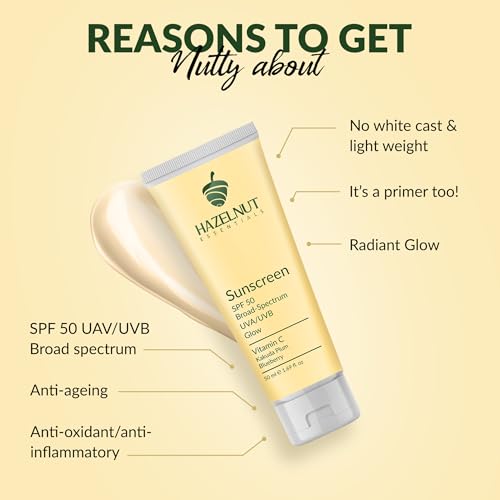 Hazelnut Essentials Vitamin C Glow Sunscreen/Primer | SPF 50, UVA &amp; UVB | Anti-Ageing | No white cast | Light Weight &amp; Non-Sticky | Dermatologically Tested | All Skin Types | For Women &amp; Men | 50 ml(FROM INDIA)NUZ - View 4 of 7