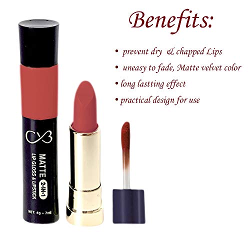 CVB C50 Matte 2-in-1 Lip Gloss &amp; Lipstick for Plump and Shine, Cosmetic Lip Liner Pen 4g + 7ml, Waterproof | Creamy | Long Lasting (23 MEDIUM CARMINE) (FROM INDIA SAB) - View 3 of 3