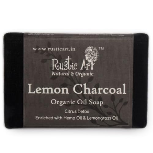 Rustic Art Organic Lemon Charcoal Soap | Oily to Normal Skin | Anti-Tan, Removes Dead Skin | Coldprocessed | For Women &amp; Men | 100g (FROM INDIA SAB) - View 2 of 3