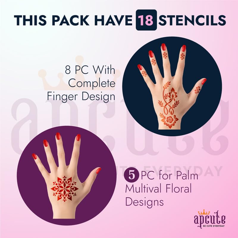 Apcute Mehendi Stencils for Full Hand Set of 13pc Combo | Temporary Tattoo Mehandi Stencil Stickers for Full Hand for Girls, Women | Easy to use in 4 Steps Design-13pc-168-169-208-209 - View 2 of 5