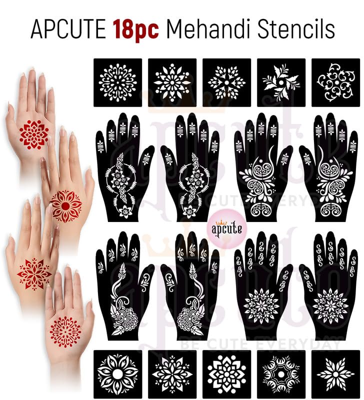 Apcute Temporary Mehndi Tattoo mehandi utensils Set of 18 pc Combo Pack Mehandi Stencils for Women, Girls And Kids, Easy To Use In Just 4 Steps - Related product