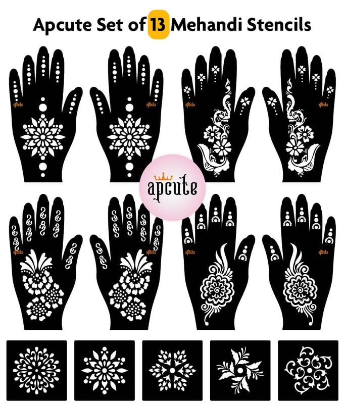 Apcute Mehendi Stencils for Full Hand Set of 13pc Combo | Temporary Tattoo Mehandi Stencil Stickers for Full Hand for Girls, Women | Easy to use in 4 Steps Design-13pc-168-169-208-209 - View 4 of 5