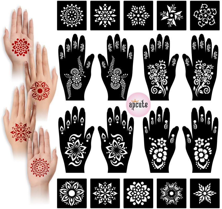Apcute Temporary Mehndi Tattoo Mehendi Stencil for Full Hand Set of 18 pc Combo Pack Mehandi Stencils for Women, Girls and Kids, Easy to Use in Just 4 Steps - View 4 of 4