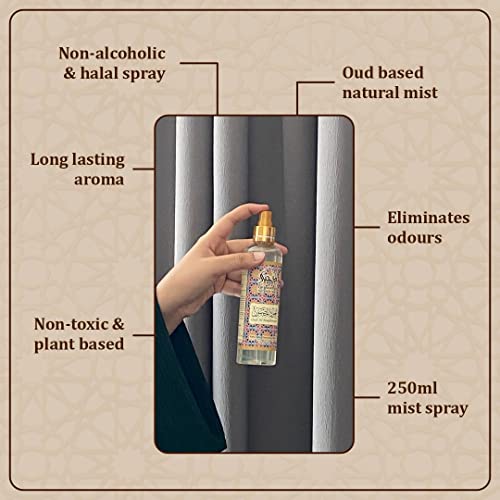 Oud Al Madhmoon Attar Al Faraash by Dukhni | 250ml Non Alcoholic Spray | Arabic Natural Mist | Air Freshener, Room Mist, Fabric &amp; Linen Spray | Perfect for Prayer mats, beds, sofas, curtains | - View 3 of 4