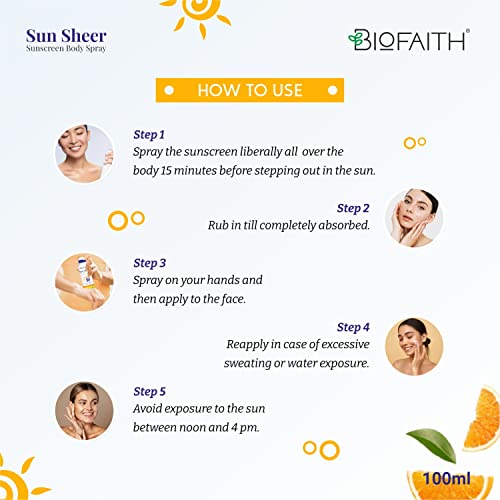 Biofaith Sunsheer SPF 50 PA+++ Sunscreen Body Spray - Fast Absorbing, Non-Greasy, and Water Resistant for Ultimate Sun Protection (100ml) (FROM INDIA)SAB - View 2 of 3