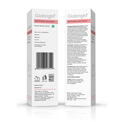 Globright Whitening Face Wash | With Aloe vera, Berberry, Vitamin B5, Green Tea | Soap free | Paraben free | pH Balanced | Glorify your beauty quotient | Pack of 2 (100ml) (FROM INDIA)SAB - View 2 of 3