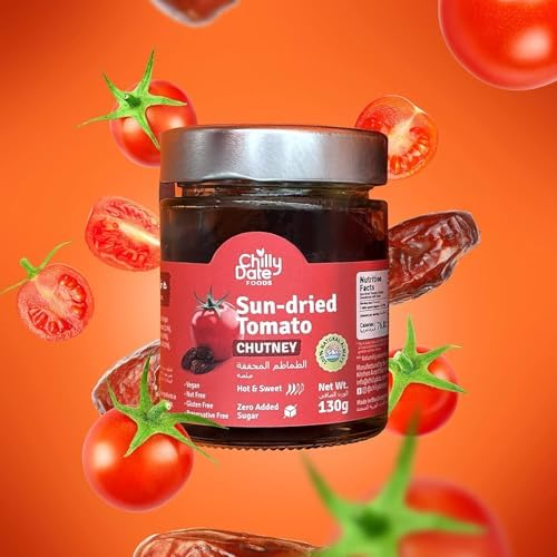 Chilly Date Sun Dried Tomato Sauce - Hot and Sweet Chutney, Vegan, Gluten Free, No Preservatives, No Sugar, Sweetened with Fresh Local Dates - (130g) FROM DUBAI (SAM) - View 2 of 3